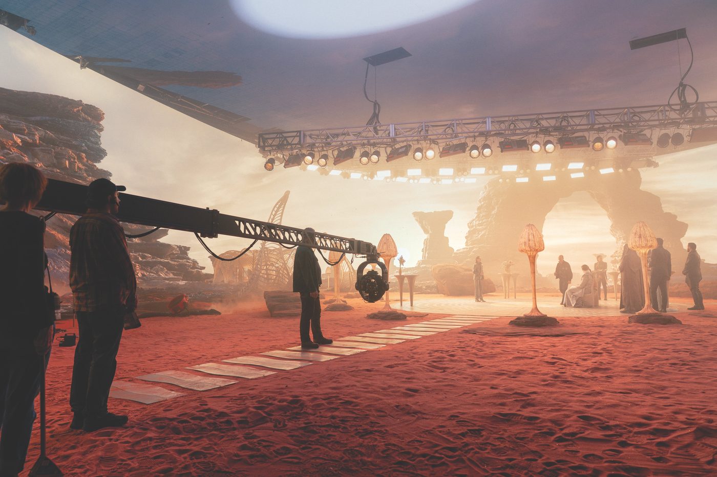 The crew of Star Trek: Starfleet Academy shooting a desert scene with a camera crane inside the production's LED volume at Pinewood Toronto Studios.